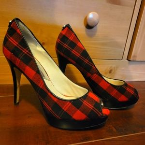 Michael Kors, red and black material, peep toe high heels. Size 7